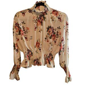 SHINESTAR FLORAL HIGH NECK LONG SLEEVE SMOCKED DETAILS SIZE MEDIUM TOP